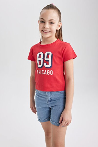 DeFacto Kız Çocuk Slim Fit Ribana Baskılı Kısa Kollu Tişört Z7793a623sm