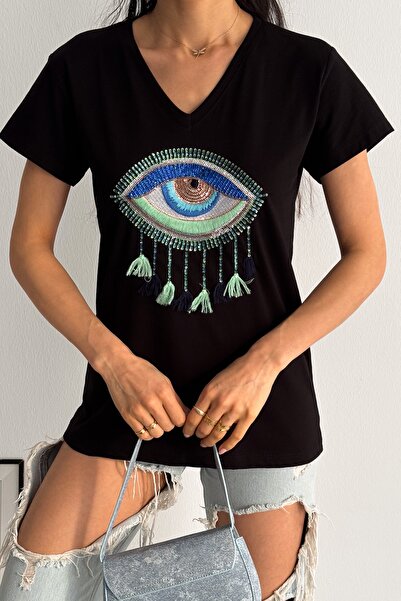 FEMELLE Women's Black V-Neck Eye Sequin Sequin Embroidered Tassel 100% Cotton T-Shirt