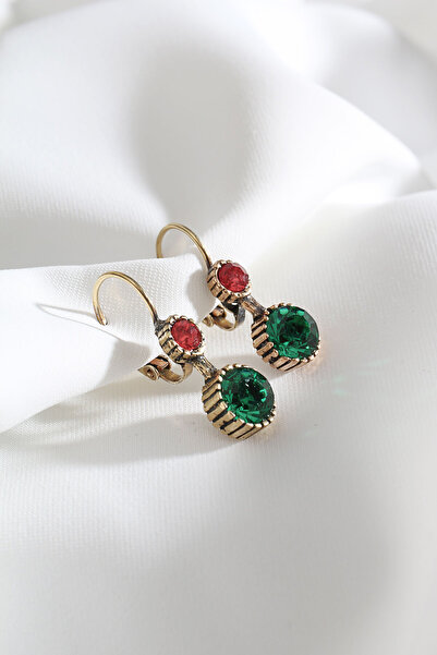 Süspüs Accessories YUVARLAK YEŞİL-KIRMIZI TAŞLI OTANTİK KÜPE