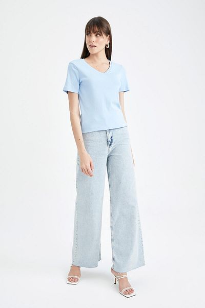 DeFacto Tricou cu decolteu în V, slim cu nervuri - 100% bumbac, mânecă scurtă, I1080az23sm