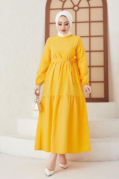 benguen Φόρεμα Hijab 411 Zero Collar, ζωσμένος στη μέση, μουστάρδα