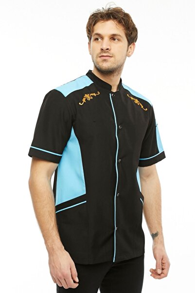 Uniprom Black-Turquoise Embroidery Short Sleeve Cook Jacket - Chef, Waiter Model with Pockets
