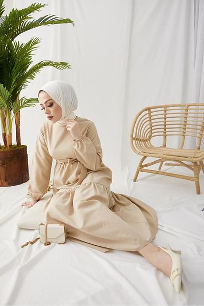 benguen 411 Zero Collar Waist Belted Hijab Dress Stone