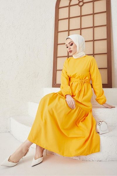 benguen Φόρεμα Hijab 411 Zero Collar, ζωσμένος στη μέση, μουστάρδα
