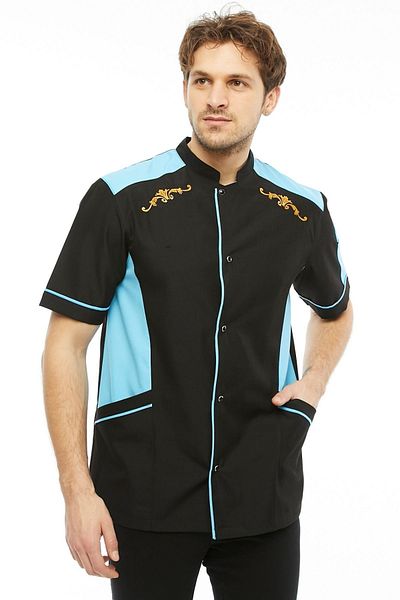 Uniprom Black-Turquoise Embroidery Short Sleeve Cook Jacket - Chef, Waiter Model with Pockets