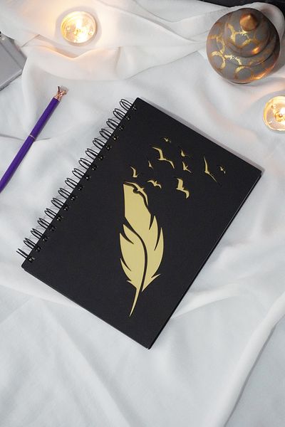 markcat Bird Feather Design Black Wooden Cover Notebook - Unlined Notebook - Diary - A5 Spiral Notebook