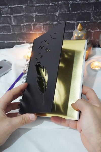 markcat Bird Feather Design Black Wooden Cover Notebook - Unlined Notebook - Diary - A5 Spiral Notebook