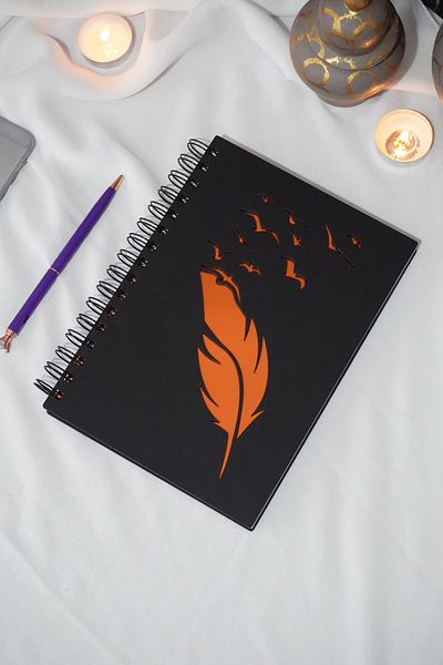 markcat Bird Feather Design Black Wooden Cover Notebook - Unlined Notebook - Diary - Agenda - A5 Notebook