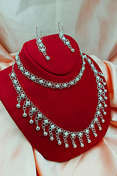 Güzel Gümüşçülük 925 Ayar Gümüş Mardin Midyat Telkari El İşi Kişniş Akıtma Model 1 Sıra Toplu Kadın 3'lü Set&Takım