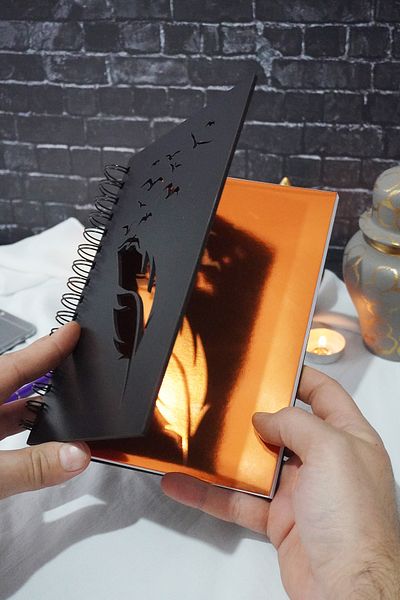 markcat Bird Feather Design Black Wooden Cover Notebook - Unlined Notebook - Diary - Agenda - A5 Notebook