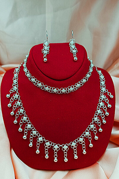 Güzel Gümüşçülük 925 Ayar Gümüş Mardin Midyat Telkari El İşi Kişniş Akıtma Model 1 Sıra Toplu Kadın 3'lü Set&Takım