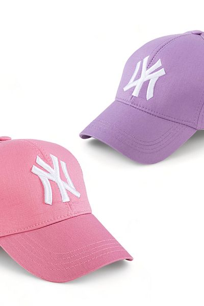 Eke Tekstil Unisex Set of 2 Pink and Lilac Color Ny Embroidered Baseball Cap