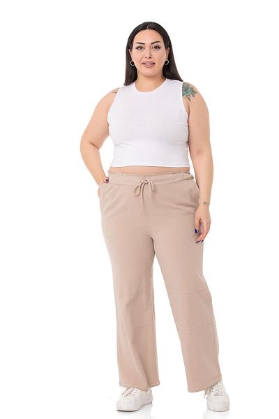 DISENTIS MODEST Plus Size Beige Trousers with Tassels and Sequins Detail Pockets