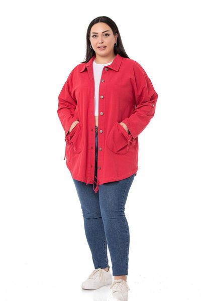 DISENTIS MODEST Large Size Long Red Jacket with Folded Sleeves and Pocket Drawstring Detail