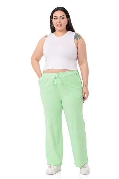 DISENTIS MODEST Plus Size Green Trousers with Tassels on the Leg and Sewing Detail and Pockets