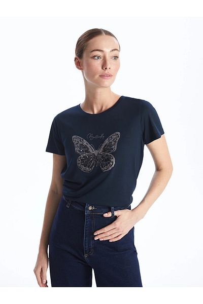 LC Waikiki Tricou de damă cu mânecă scurtă cu imprimeu cu decolteu