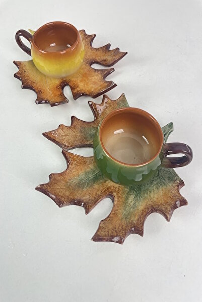 Artistic Quality Decorative Plane Leaf Figured Tea Coffee Cup Set in Green, Y...