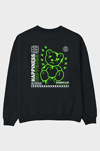 Ankhises Happiness Bear 3 Leđa Štampano Crna Oversize kroj Dukserica Muškarci...