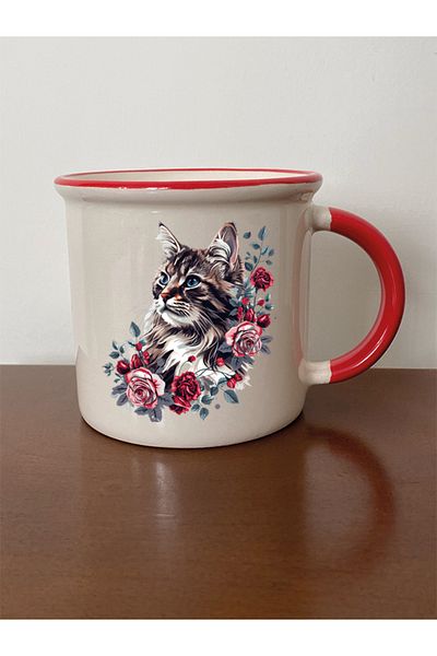 lili hediyelik Flower And Cat Themed Red Mouth Mug Cup - Ceramic Tea, Coffee Gift Cup