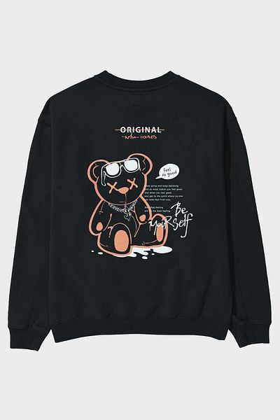Ankhises Feel So Good Bear Back Printed Negru Oversize Hanorac Bărbați Femei Gât Crew