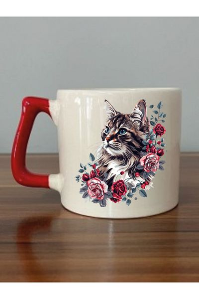 lili hediyelik Flower And Cat Themed Red Cup Mug - Ceramic Tea, Coffee Gift Cup