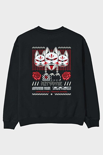 Ankhises Kitsune japanska maska Arka Štampano crna Oversize kroj majica muška...