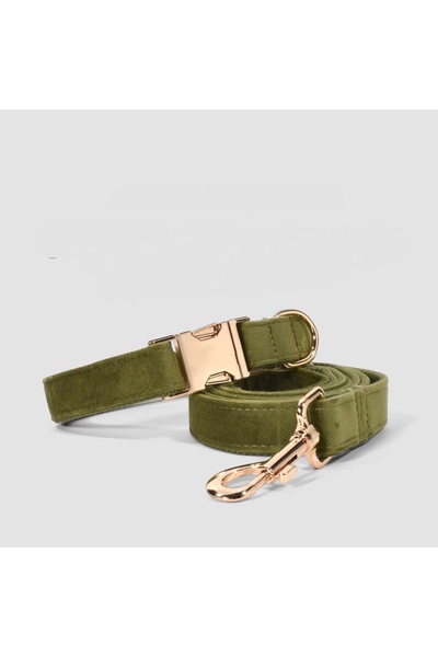 Pawsim KHAKI GREEN velvet dog collar and walking strap SET, adjustable dog collar