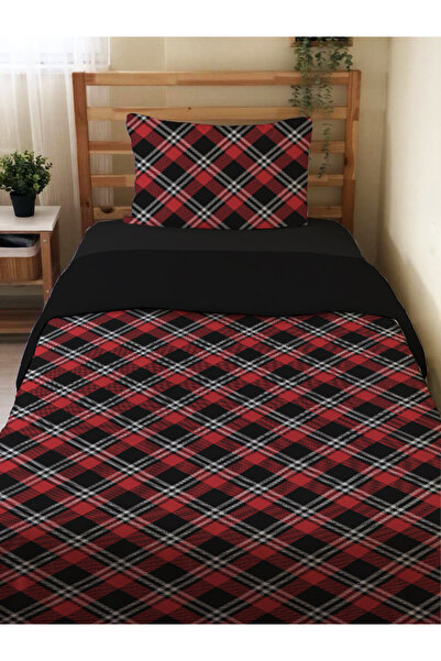 Evmila Çift Taraflı Ekose Desenli Çarşafsız Takım Tek Kişilik Nevresim Takımı...