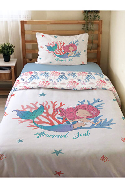 Evmila Çift Taraflı Deniz Kızı Desenli Çarşafsız Takım Tek Kişilik Nevresim T...