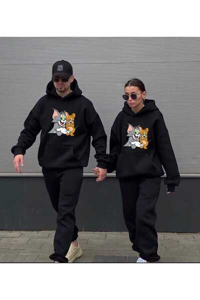 PERISENSE Uniszex női férfi Tom és Jerry nyomott kapucnis szerető páros kombinációs 2 részes alsó-felső tréningruha szett