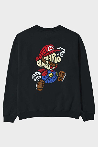 Ankhises Hanorac oversize negru cu imprimeu pe spate Mario Bros, bărbați, fem...