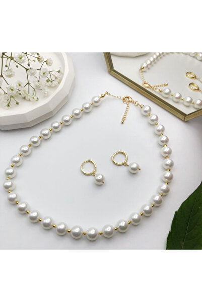 dalya Bit detaylı Gerçek 10 mm inci kolye Küpe Set / Takım