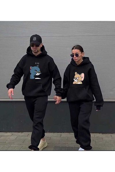 PERISENSE Tom-Jerry Printed Unisex Σετ αθλητικής φόρμας για άνδρες και γυναίκες - Συνδυασμός με κουκούλα, Lover Couple
