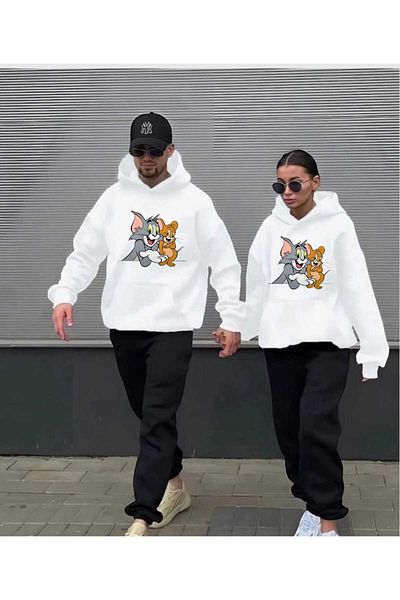 PERISENSE Unisex Γυναικείες άντρες Tom and Jerry με κουκούλα Lover Couple Συνδυασμός 2 τεμαχίων φόρμας στο κάτω μέρος