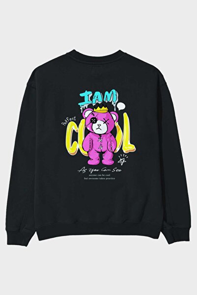 Ankhises Ja sam Cool Bear Back Štampano Crna Oversize kroj Dukserica Muškarci...