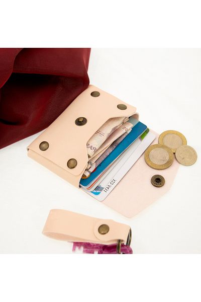 miawiki Powder Color Leather Wallet and Keychain Set, High Quality Accessory