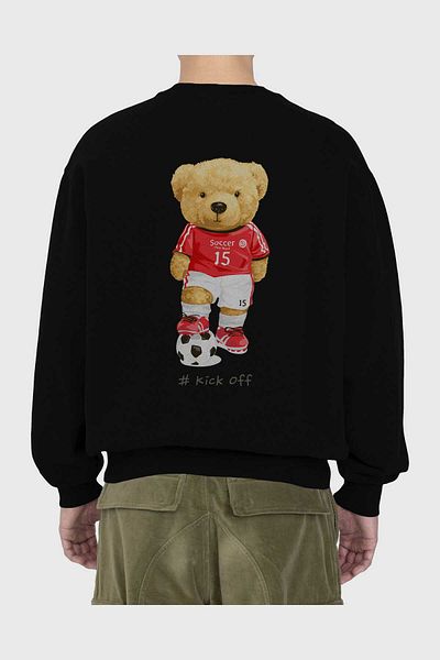 Ankhises Teddy Bear Kick Off Imprimat pe spate Hanorac negru supradimensionat Bărbați Femei Crewgate