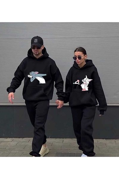 PERISENSE Unisex Γυναικεία Ανδρική Προσαρμοσμένη Σχεδίαση με εμπριμέ κουκούλα Lover Couple Σετ φόρμας 2 τεμαχίων στο κάτω μέρος