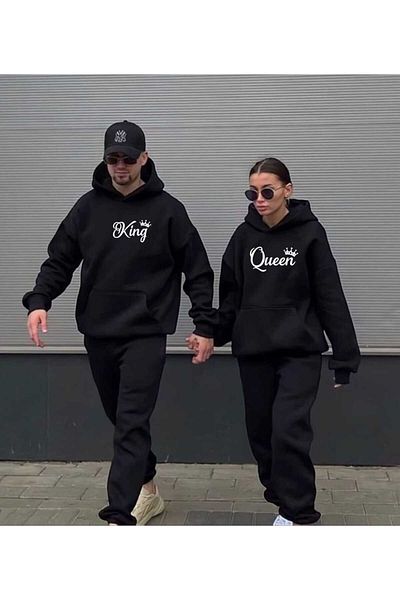 PERISENSE Σετ φόρμας με κουκούλα King and Queen Printed Unisex - Συνδυασμός 2 τεμαχίων κάτω-πάνω