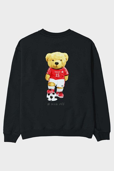 Ankhises Teddy Bear Kick Off Imprimat pe spate Hanorac negru supradimensionat Bărbați Femei Crewgate