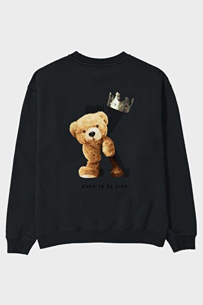 Ankhises سويت شيرت تيدي بير بورن تو بي كينج أسود كبير الحجم مطبوع من الخلف لل...