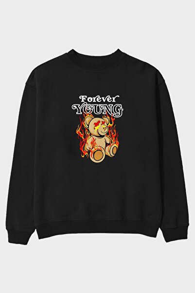Ankhises Forever Young Bear Front Štampano Crna Oversize kroj Dukserica Muška...