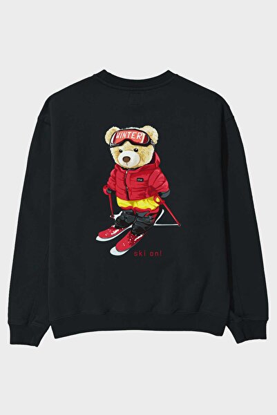 Ankhises Teddy Bear Ski Pe Spate Imprimat Negru Oversize Hanorac Bărbați Feme...