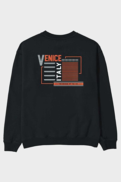 Ankhises Venice Back Printed Μαύρο Oversize Φούτερ Ανδρικό Γυναικείο Crew Neck