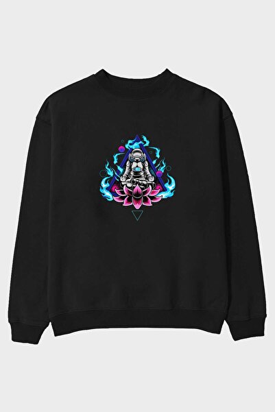 Ankhises Crna Oversize kroj majica - Astronaut meditacija prednji otisak, muš...