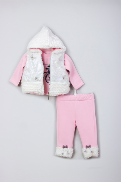 ADABEBEK Peluş Yelekli Polar Alt Üst 3'lü Bebek Takım