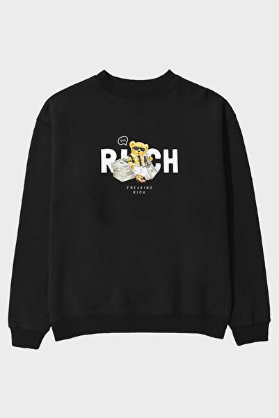 Ankhises Teddy Bear Freaking Rich Front Štampano Crna Oversize kroj Dukserica...