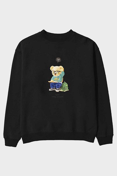 Ankhises Ursuleț de pluș Just Stay Curious Hanorac negru supradimensionat cu imprimeu în față Bărbați Femei Gât crew