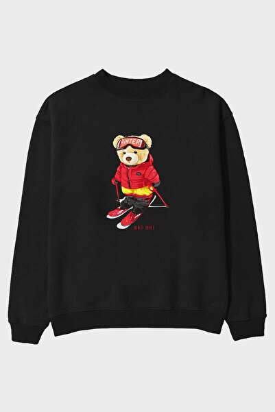 Ankhises Teddy Bear Ski în față Imprimat Negru Oversize Hanorac Bărbați Femei...