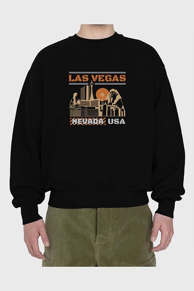 Ankhises Hanorac oversize negru cu imprimeu Las Vegas pentru bărbați și femei, cu gât crew